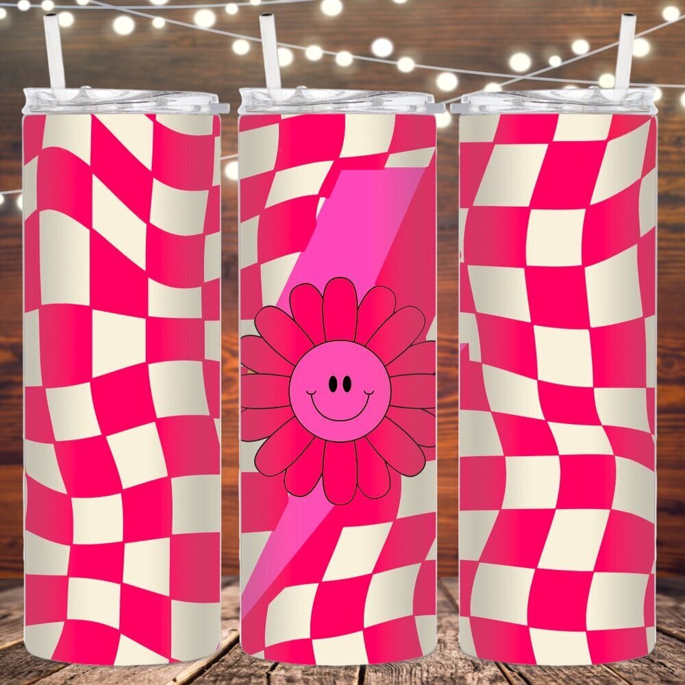 Pink Checkered Retro Metal Insulated Tumbler